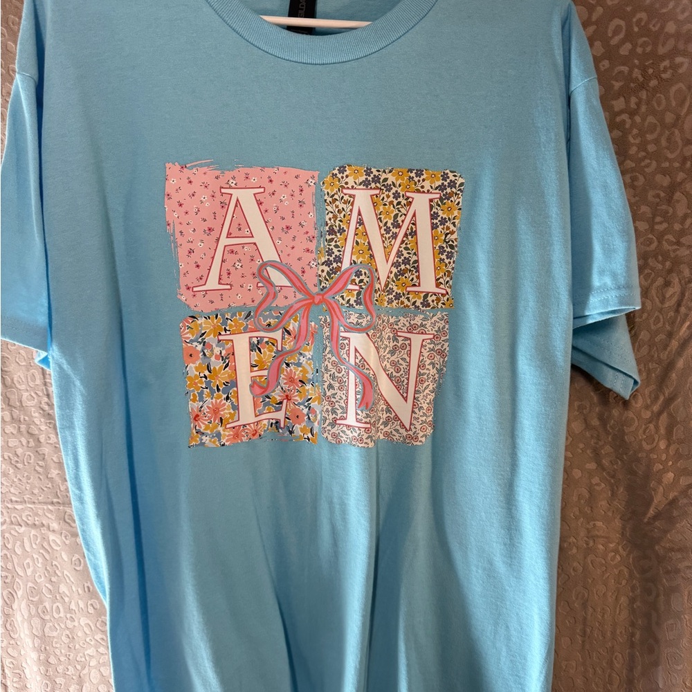 Gildan Light Blue Tee with Pink and Yellow Floral Graphic